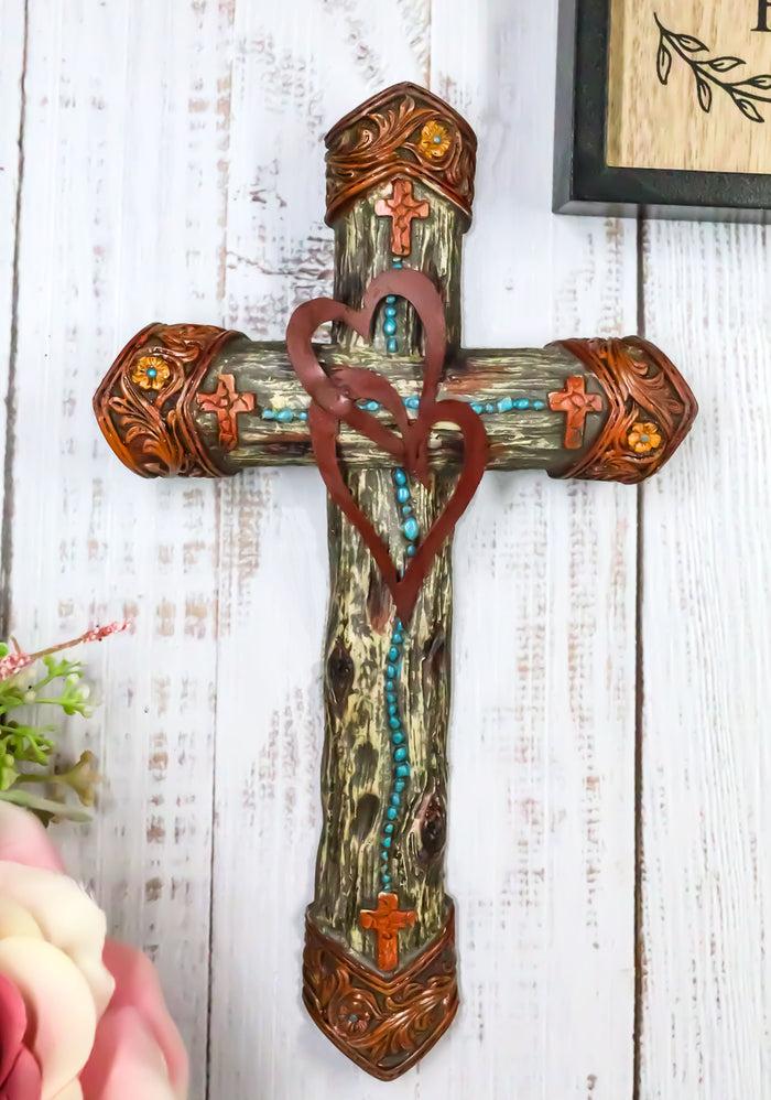ebros gift 2 Intertwined Hearts Valentine Floral Scrollwork Turquoise Beads Wall Cross