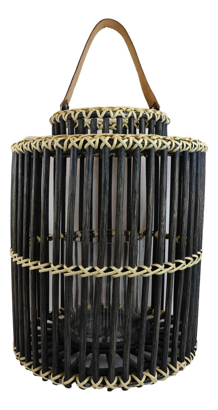 Ebros Gift 20"H Rustic Western Farmhouse Black Rattan Wood Candle Holder Lantern W/ Hanger