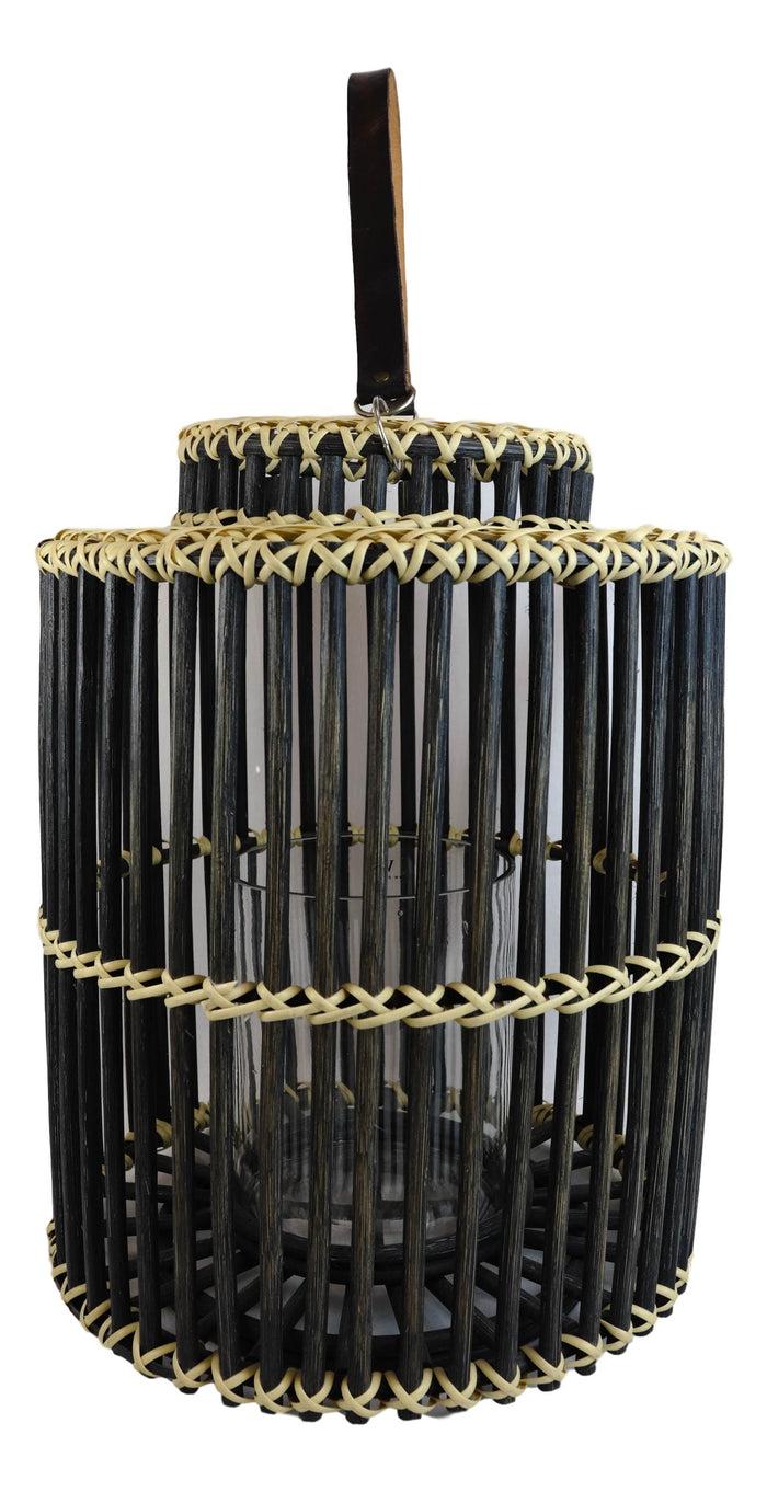 Ebros Gift 20"H Rustic Western Farmhouse Black Rattan Wood Candle Holder Lantern W/ Hanger