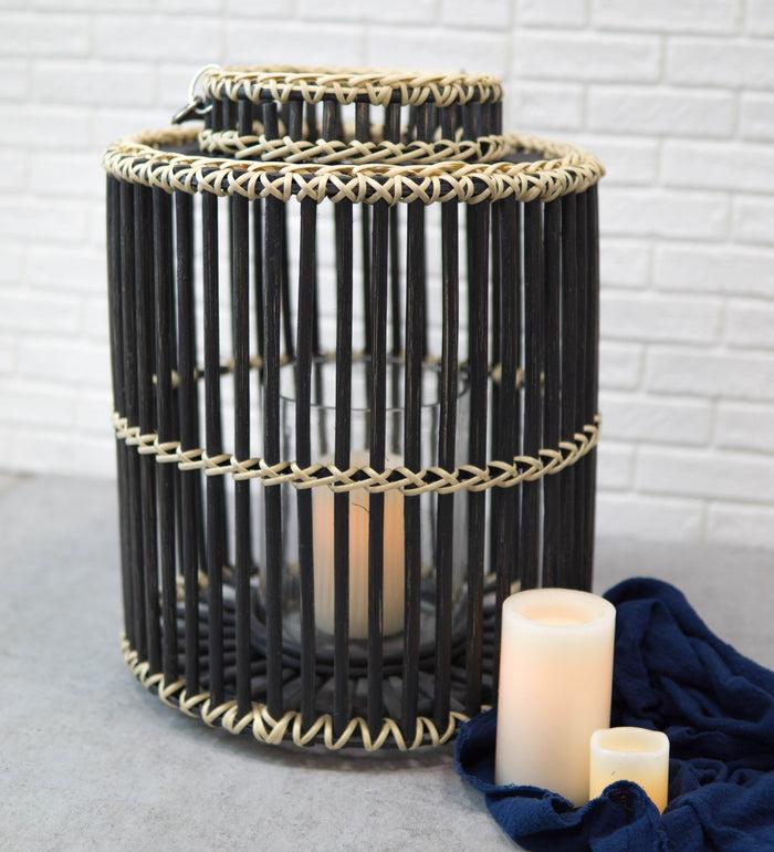 ebros gift 20"H Rustic Western Farmhouse Black Rattan Wood Candle Holder Lantern W/ Hanger