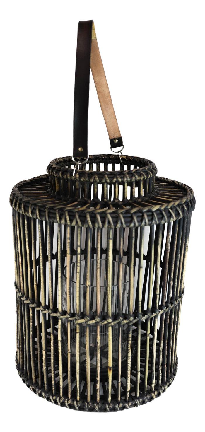 Ebros Gift 20"H Rustic Western Farmhouse Dark Rattan Wood Candle Holder Lantern With Hanger