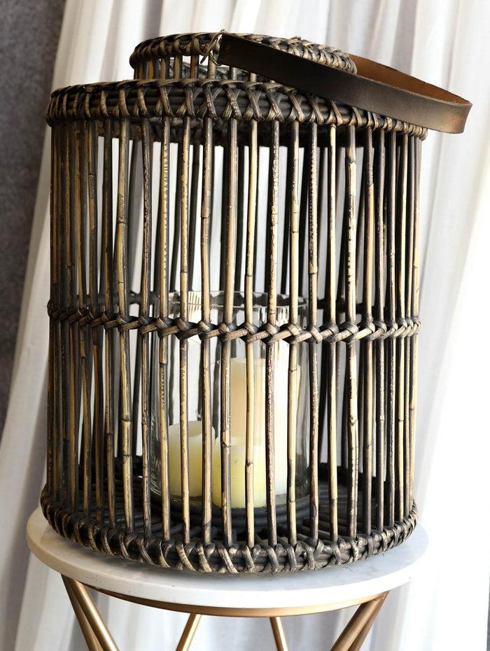ebros gift 20"H Rustic Western Farmhouse Dark Rattan Wood Candle Holder Lantern With Hanger