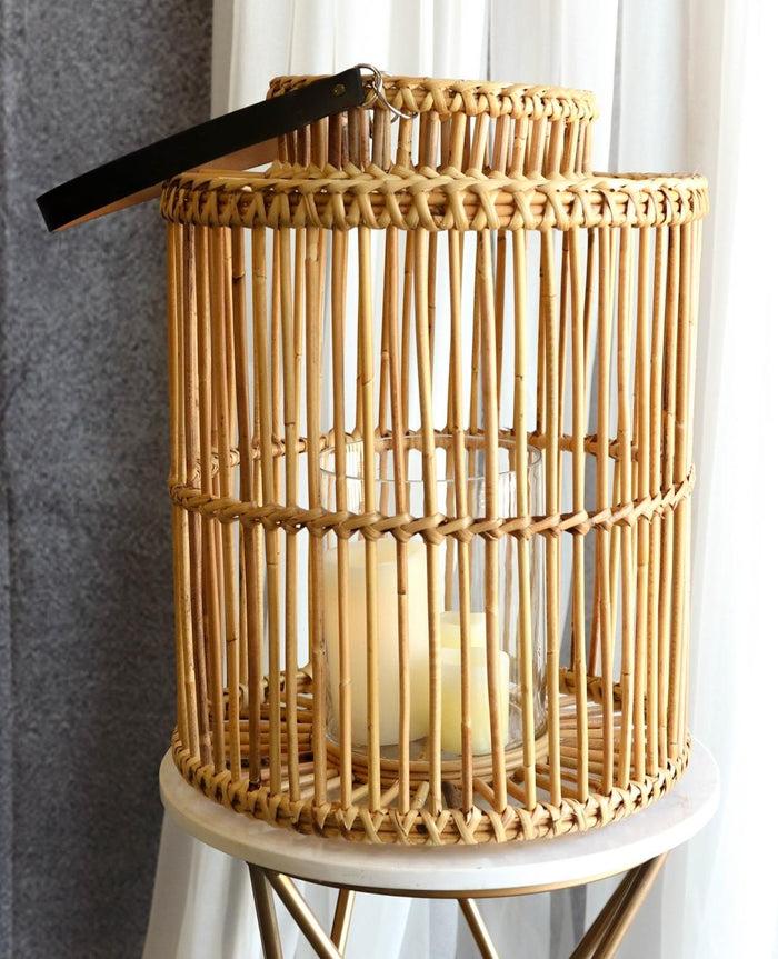 ebros gift 20"H Rustic Western Farmhouse Rattan Wooden Candle Holder Lantern With Hanger