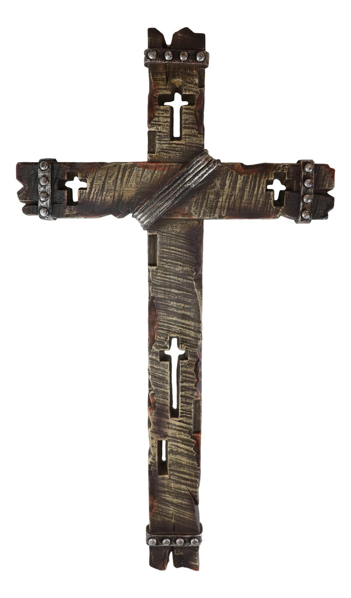 Ebros Gift 20"H Rustic Western Faux Wood Look Wall Cross Plaque With Crucifix Cutout Holes
