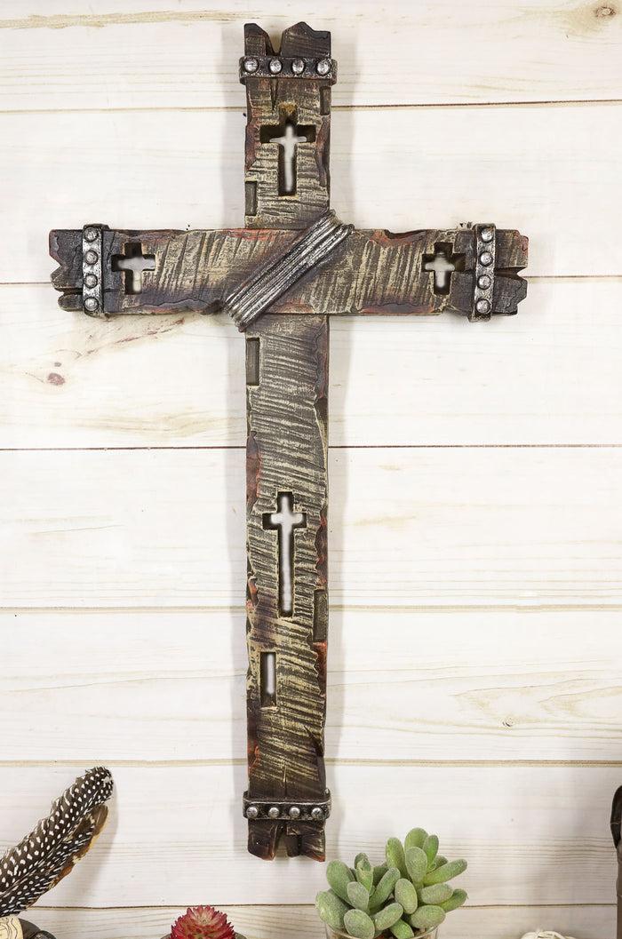 ebros gift 20"H Rustic Western Faux Wood Look Wall Cross Plaque With Crucifix Cutout Holes