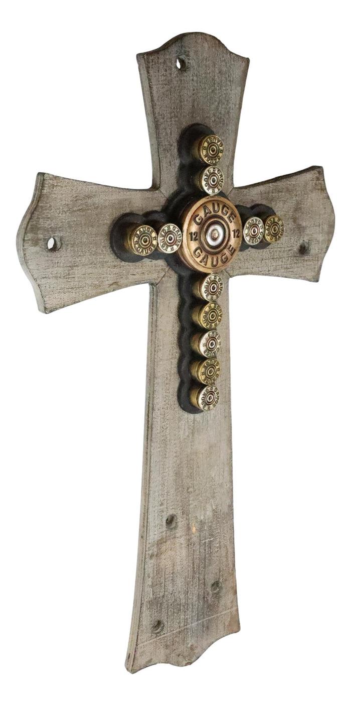 Ebros Gift 20"H Rustic Western Hunter 12 Gauge Shotgun Bullet Casings Wooden Wall Cross