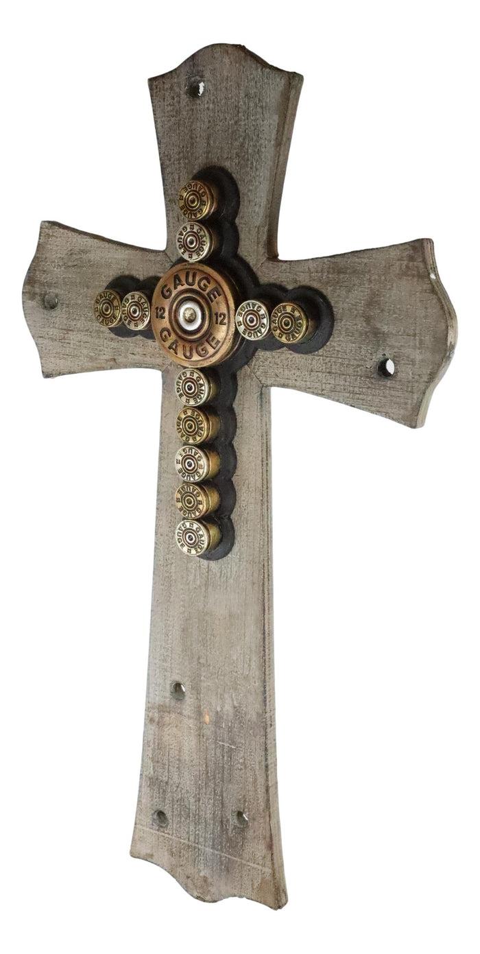 Ebros Gift 20"H Rustic Western Hunter 12 Gauge Shotgun Bullet Casings Wooden Wall Cross