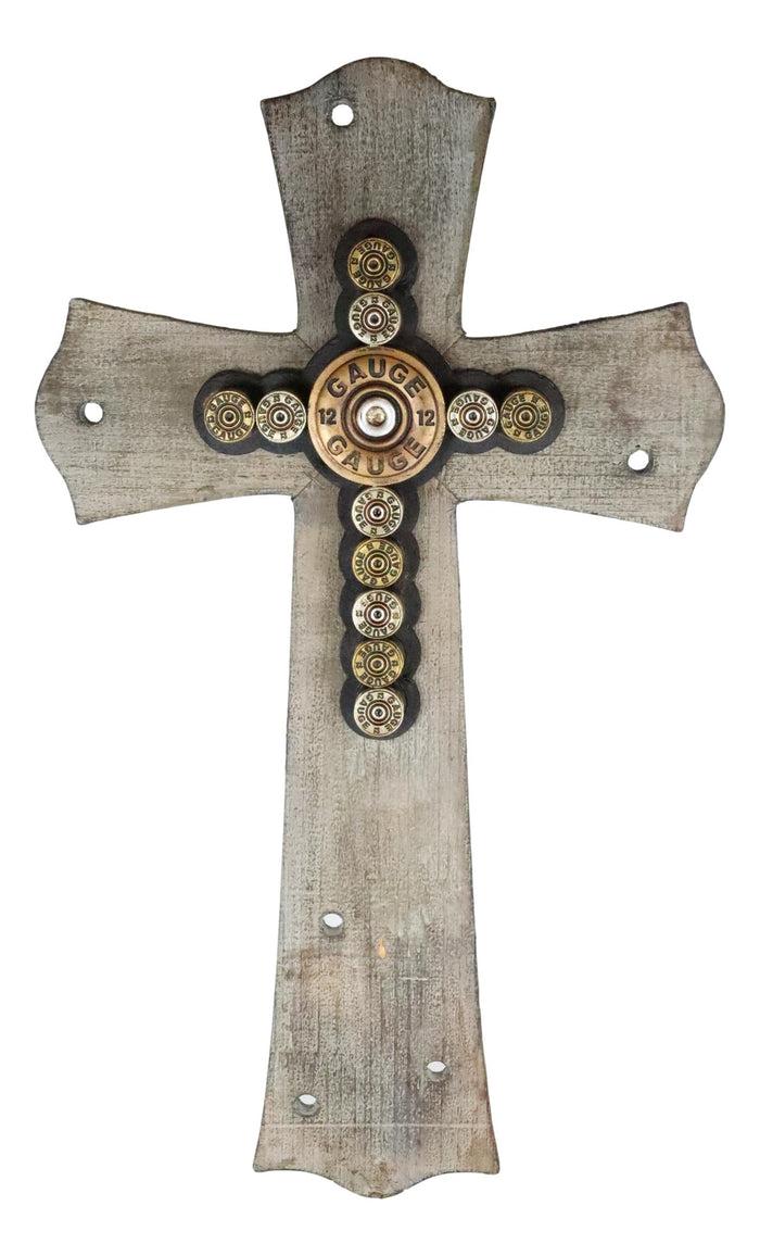 Ebros Gift 20"H Rustic Western Hunter 12 Gauge Shotgun Bullet Casings Wooden Wall Cross