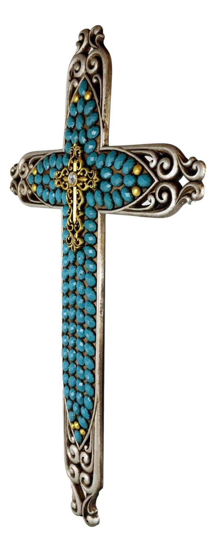 Ebros Gift 20"H Rustic Western Scroll Lace Le Fleur Wall Cross With Turquoise Gemstones