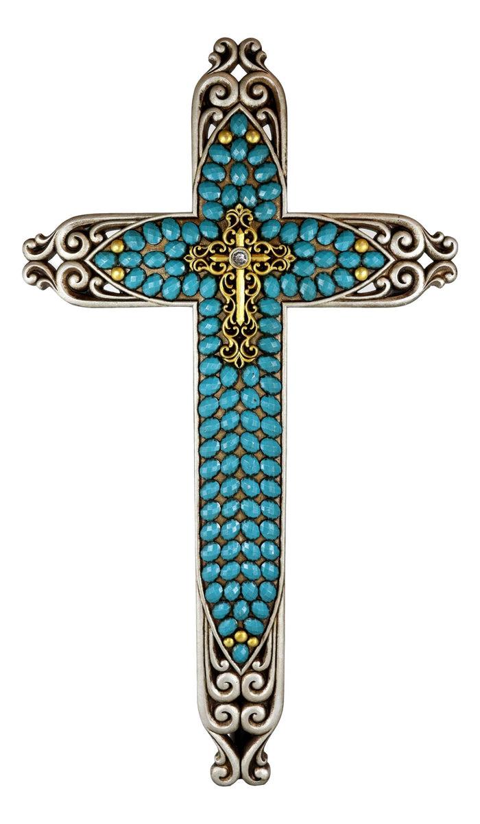 Ebros Gift 20"H Rustic Western Scroll Lace Le Fleur Wall Cross With Turquoise Gemstones