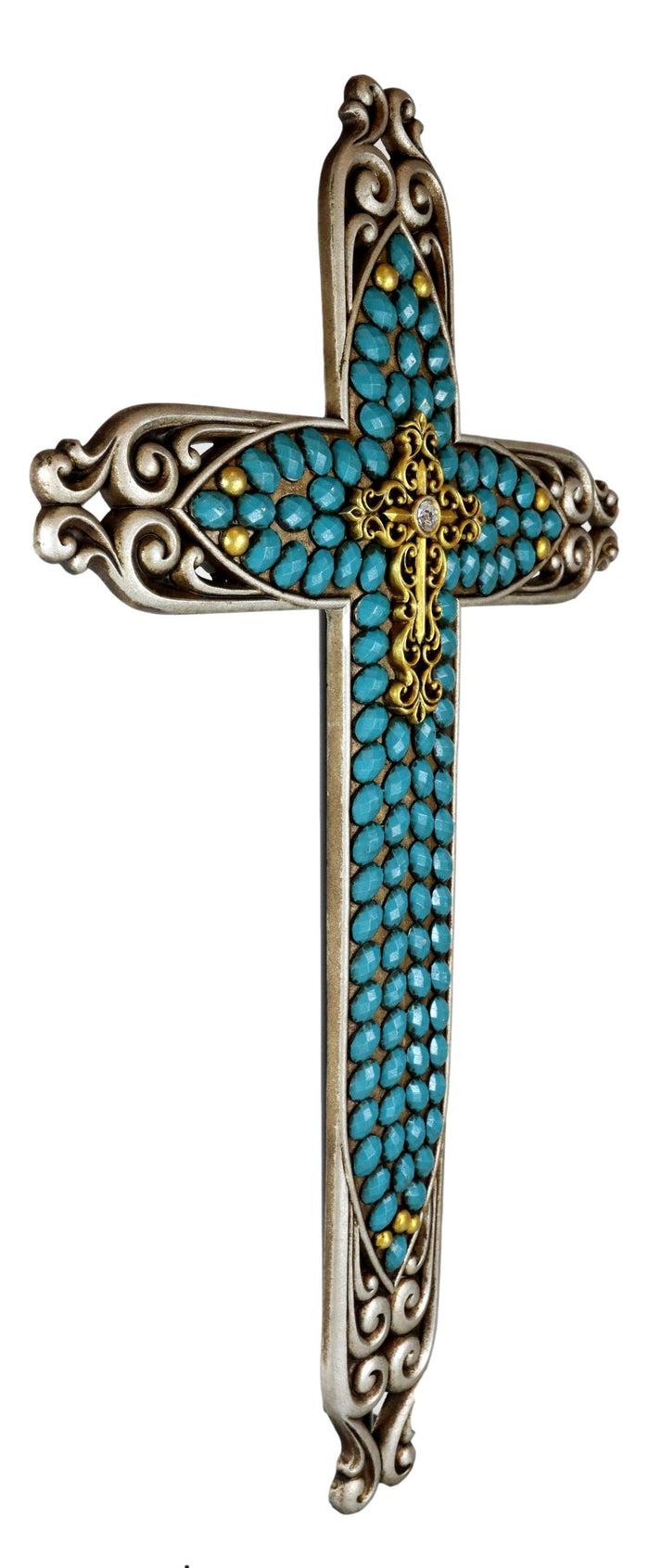Ebros Gift 20"H Rustic Western Scroll Lace Le Fleur Wall Cross With Turquoise Gemstones