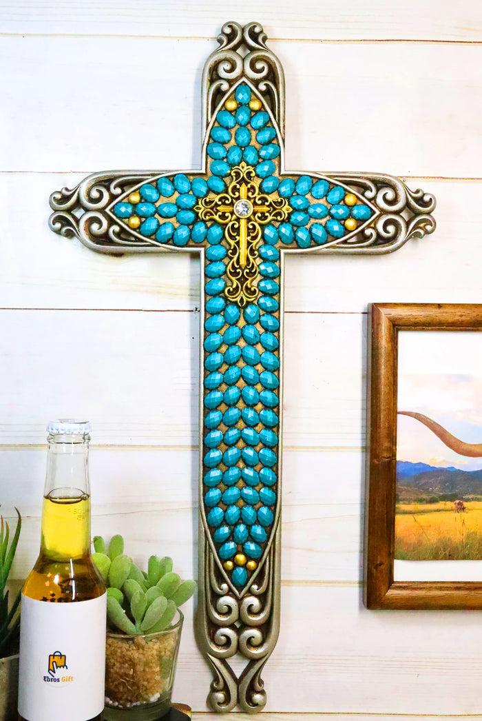 ebros gift 20"H Rustic Western Scroll Lace Le Fleur Wall Cross With Turquoise Gemstones