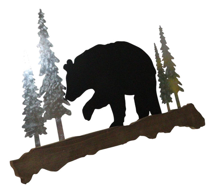 Ebros Gift 20"L Rustic Forest Black Bear By Pine Trees Silhouette Wood & Metal Wall Plaque