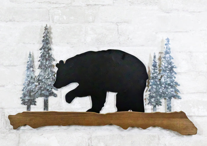 ebros gift 20"L Rustic Forest Black Bear By Pine Trees Silhouette Wood & Metal Wall Plaque