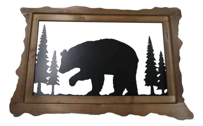 ebros gift 20"L Rustic Scenic Forest Black Bear Silhouette Metal And Wood Framed Wall Decor