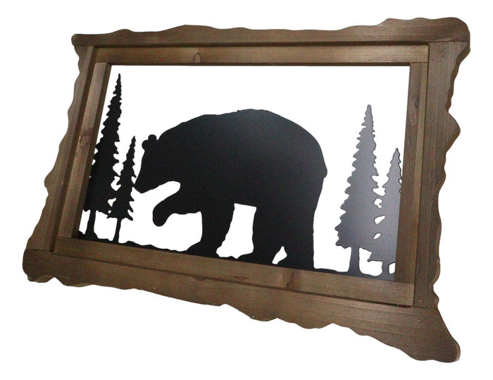 Ebros Gift 20"L Rustic Scenic Forest Black Bear Silhouette Metal And Wood Framed Wall Decor