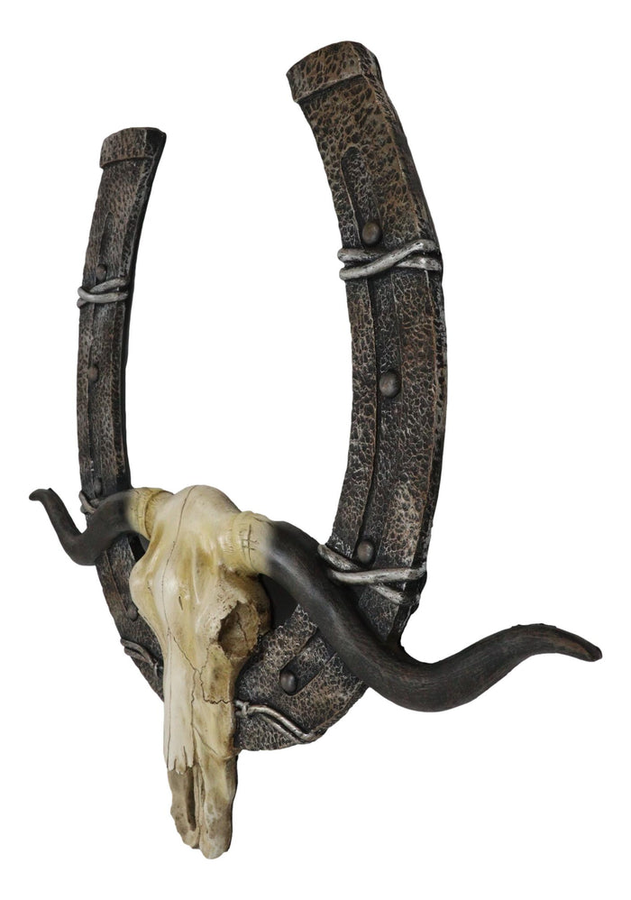 Ebros Gift 21" L Rustic Western Longhorn Bull Cow Skull With Giant Horseshoe Wall Decor