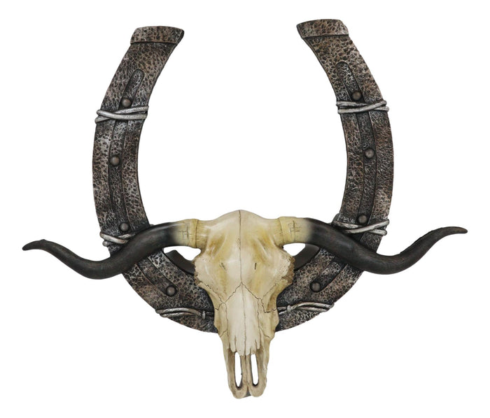 Ebros Gift 21" L Rustic Western Longhorn Bull Cow Skull With Giant Horseshoe Wall Decor
