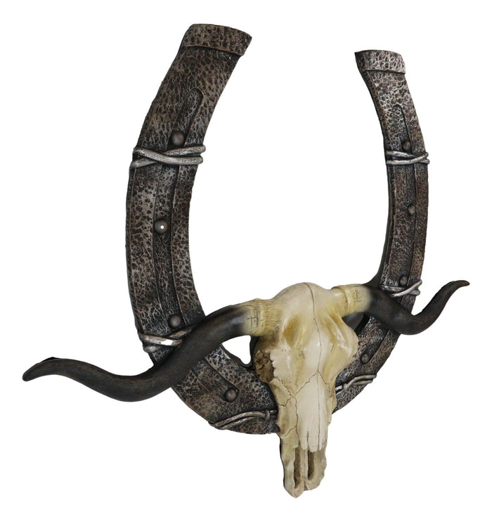 Ebros Gift 21" L Rustic Western Longhorn Bull Cow Skull With Giant Horseshoe Wall Decor