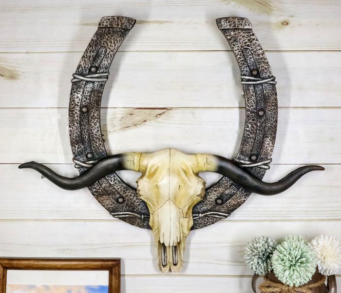 ebros gift 21" L Rustic Western Longhorn Bull Cow Skull With Giant Horseshoe Wall Decor