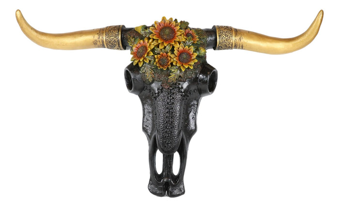 Ebros Gift 21"L Western Southwest Bison Bull Cow Skull With Sunflowers Wall Decor Plaque