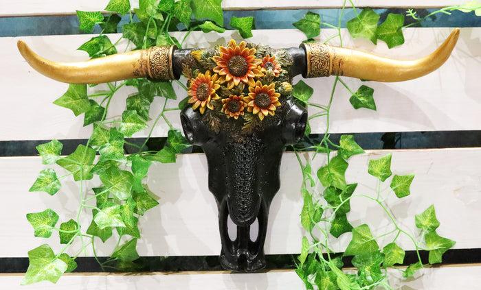 ebros gift 21"L Western Southwest Bison Bull Cow Skull With Sunflowers Wall Decor Plaque