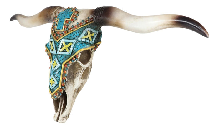 Ebros Gift 21" Rustic Southwest Steer Bull Cow Skull With Turquoise Cross Wall Decor Plaque