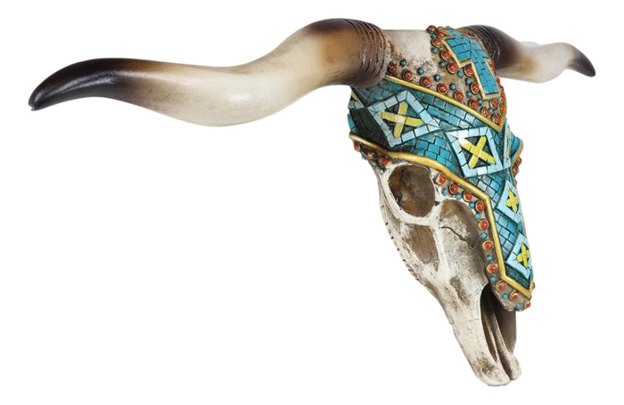 Ebros Gift 21" Rustic Southwest Steer Bull Cow Skull With Turquoise Cross Wall Decor Plaque