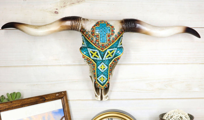 ebros gift 21" Rustic Southwest Steer Bull Cow Skull With Turquoise Cross Wall Decor Plaque