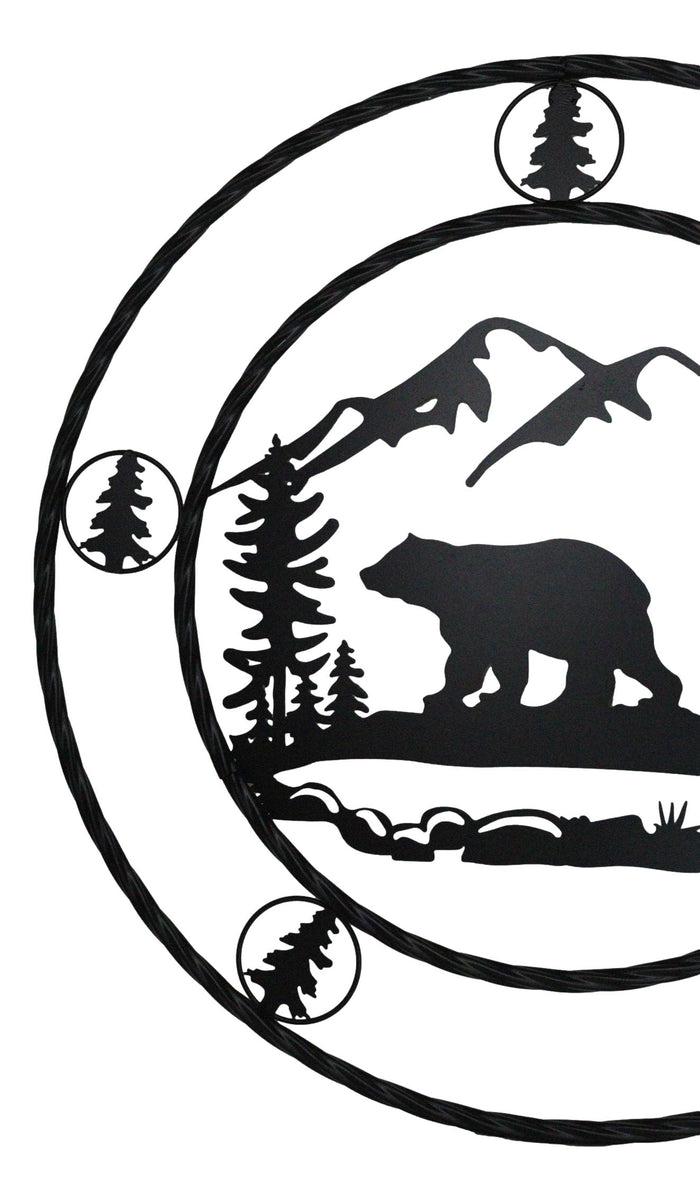 Ebros Gift 24"Dia Rustic Western Black Bear By Mountains Pine Forest Metal Wall Circle Sign