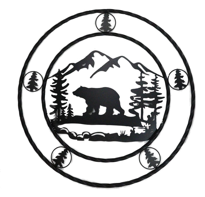 ebros gift 24"Dia Rustic Western Black Bear By Mountains Pine Forest Metal Wall Circle Sign