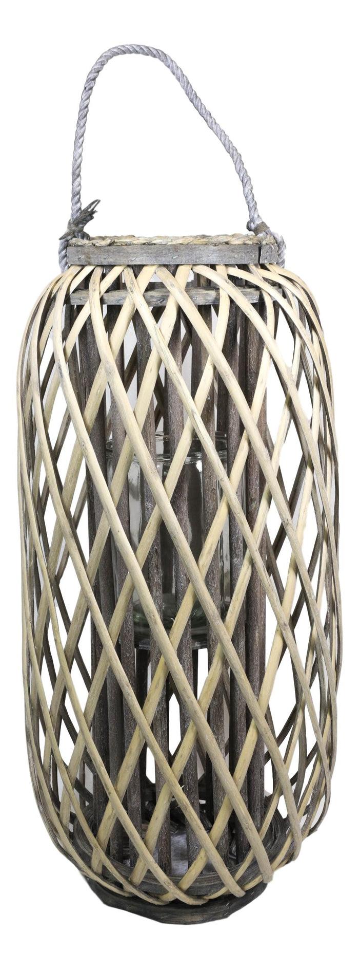 Ebros Gift 24"H Rustic Western Farmhouse Rattan Wood Willow Candle Lantern Candleholder