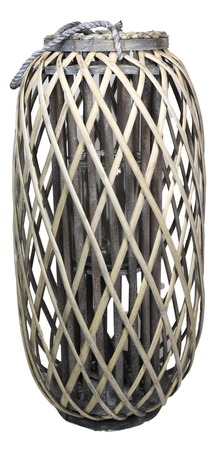 Ebros Gift 24"H Rustic Western Farmhouse Rattan Wood Willow Candle Lantern Candleholder