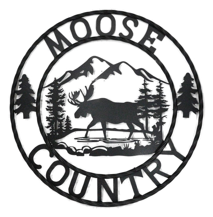 ebros gift 24" Rustic Western Moose Country By Mountains Pine Forest Metal Wall Circle Sign