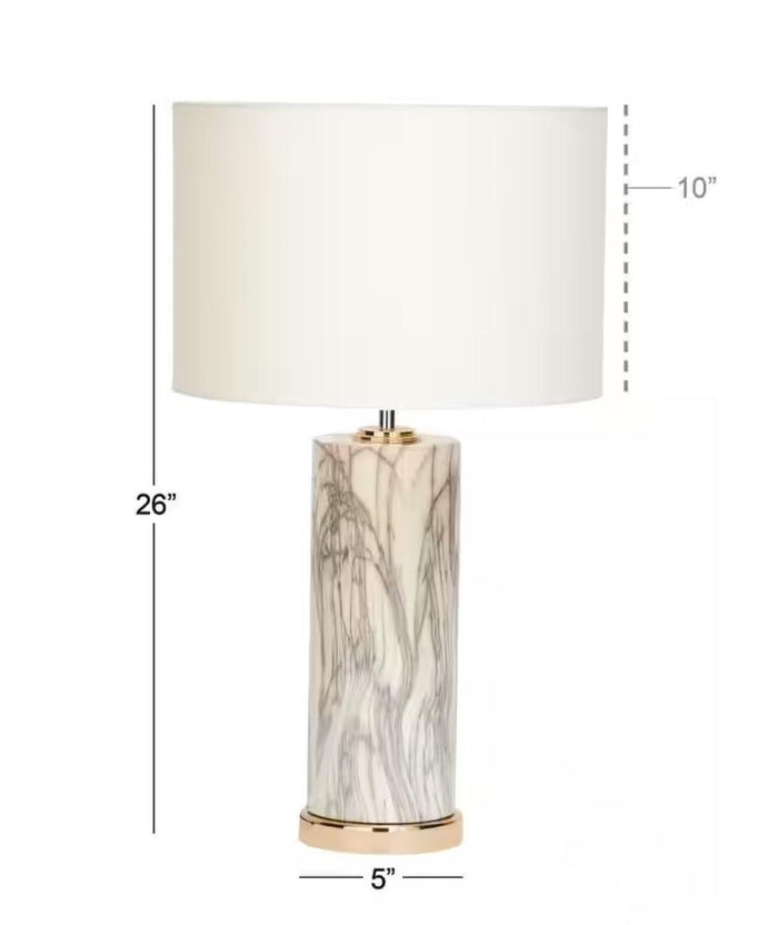 Ebros Gift 26"H Contemporary Ceramic Faux White Veined Marble Gold Trim Table Lamp W/ Shade