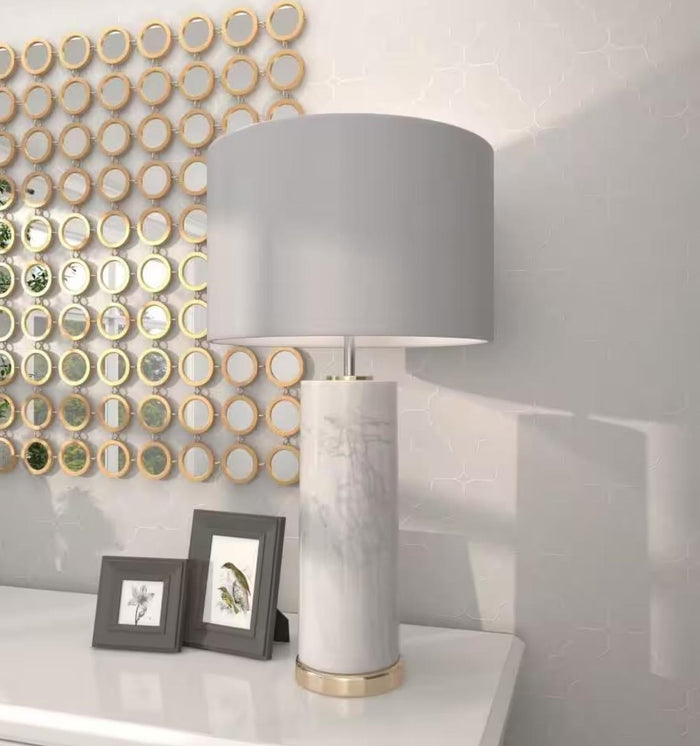 ebros gift 26"H Contemporary Ceramic Faux White Veined Marble Gold Trim Table Lamp W/ Shade