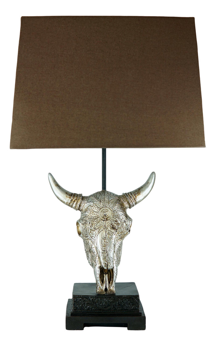 Ebros Gift 26" Southwest Vintage Rustic Floral Scroll Steer Bison Skull Table Lamp W/ Shade