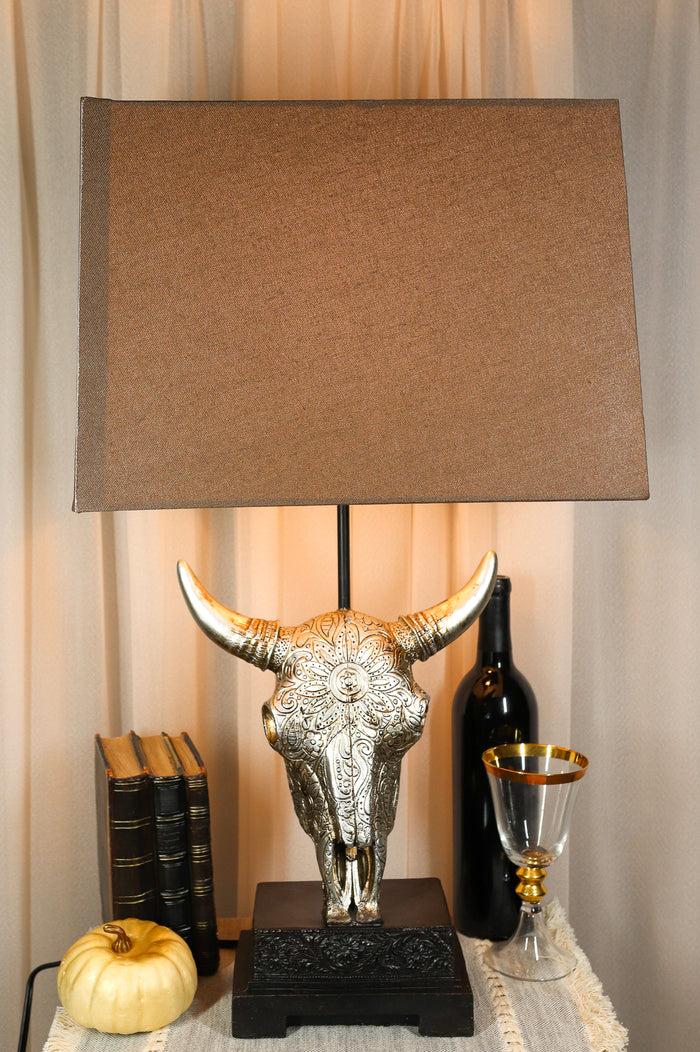 ebros gift 26" Southwest Vintage Rustic Floral Scroll Steer Bison Skull Table Lamp W/ Shade