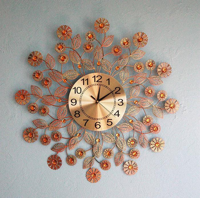 ebros gift 27"D Metal Radiant Golden Sun Intertwined Leaves and Flowers Designer Wall Clock