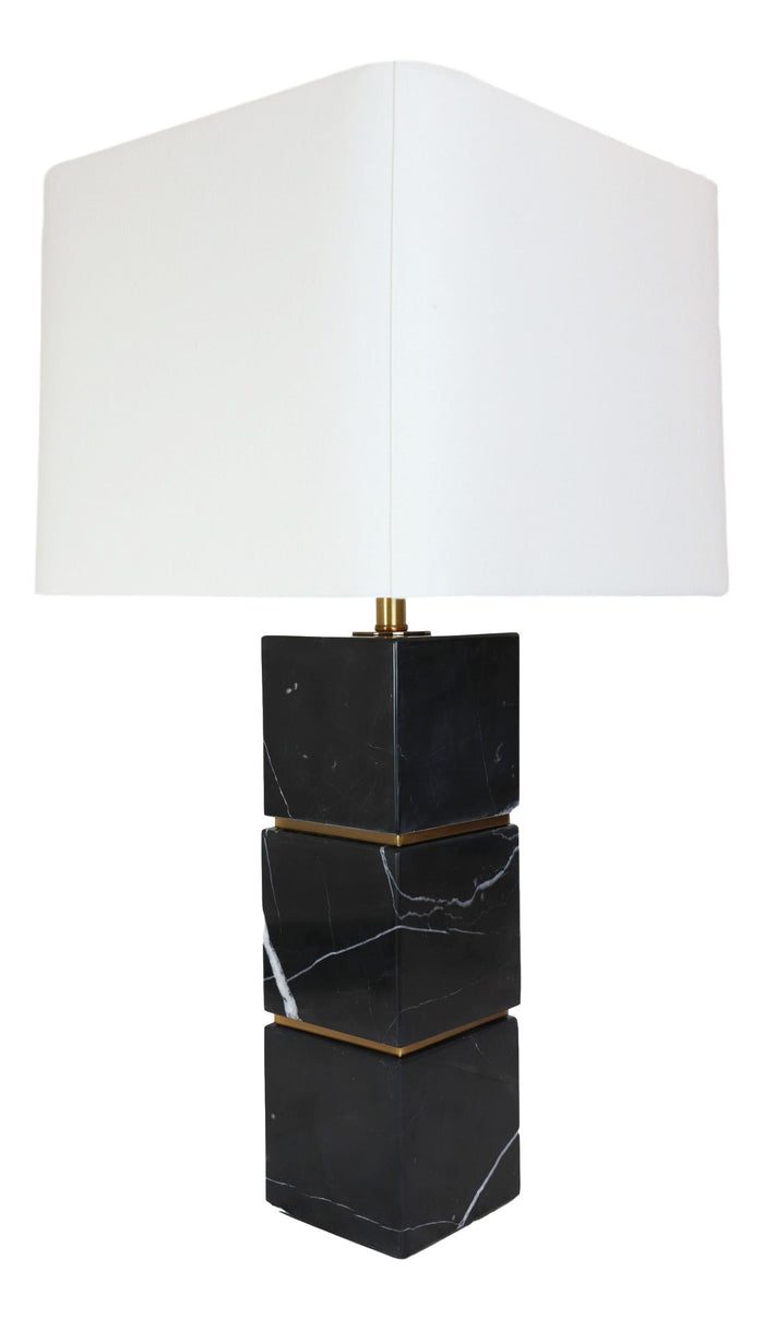 ebros gift 27"H Contemporary Elegant 3 Black Marble Cubes Gold Trim Table Lamp Fabric Shade