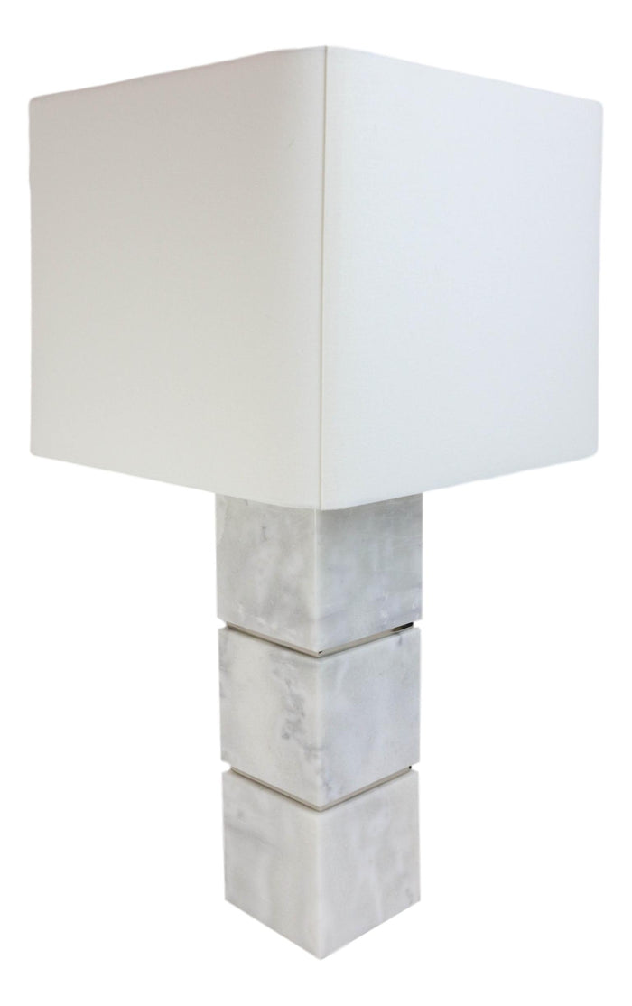 Ebros Gift 27"H Contemporary Elegant 3 White Marble Cubes Gold Trim Table Lamp Fabric Shade