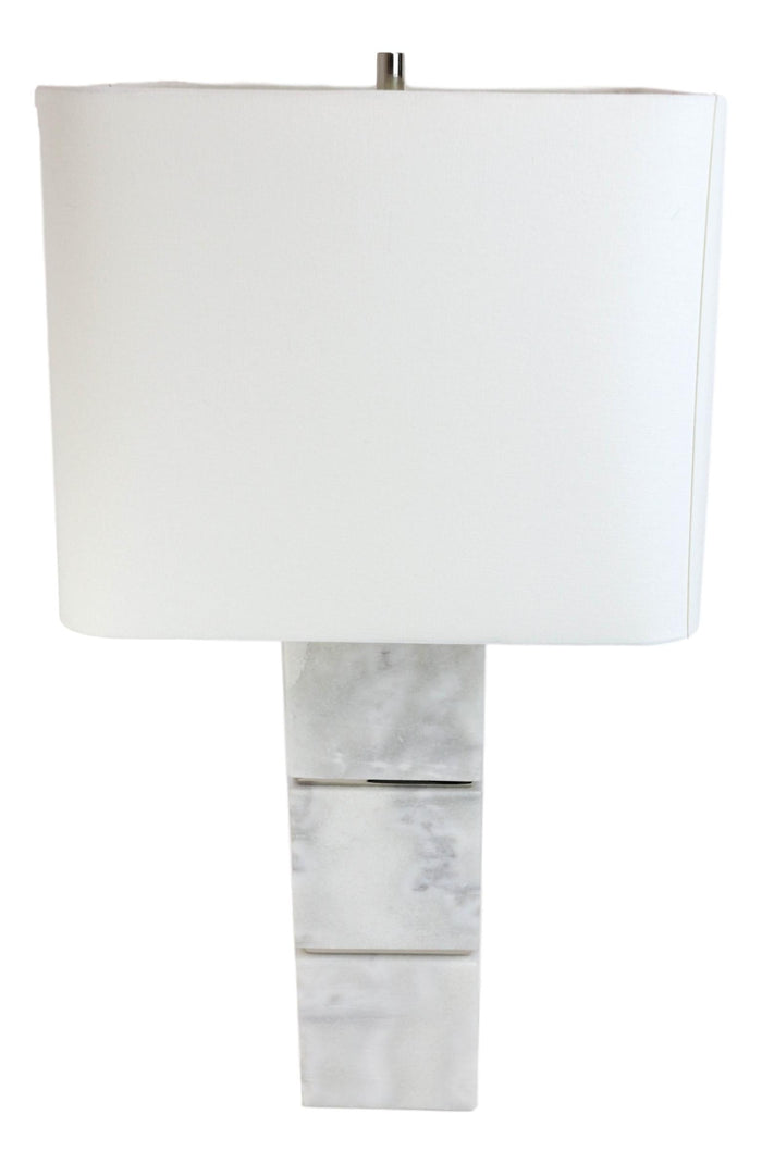 Ebros Gift 27"H Contemporary Elegant 3 White Marble Cubes Gold Trim Table Lamp Fabric Shade