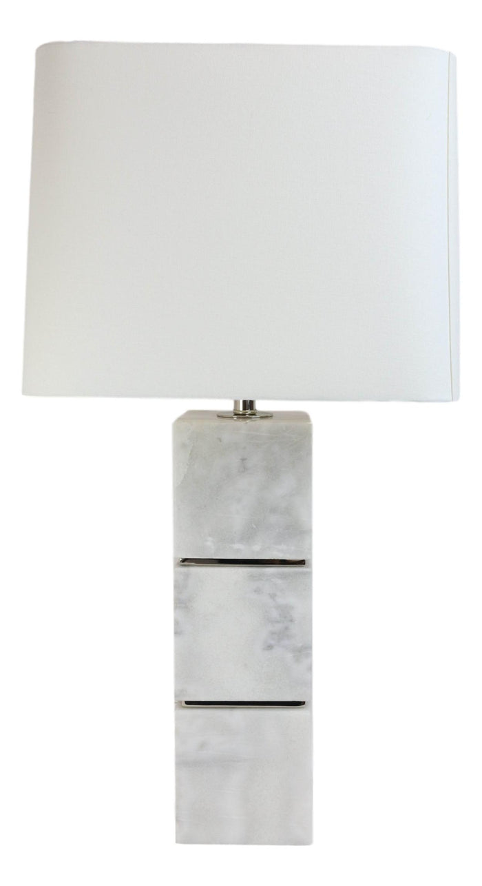 Ebros Gift 27"H Contemporary Elegant 3 White Marble Cubes Gold Trim Table Lamp Fabric Shade
