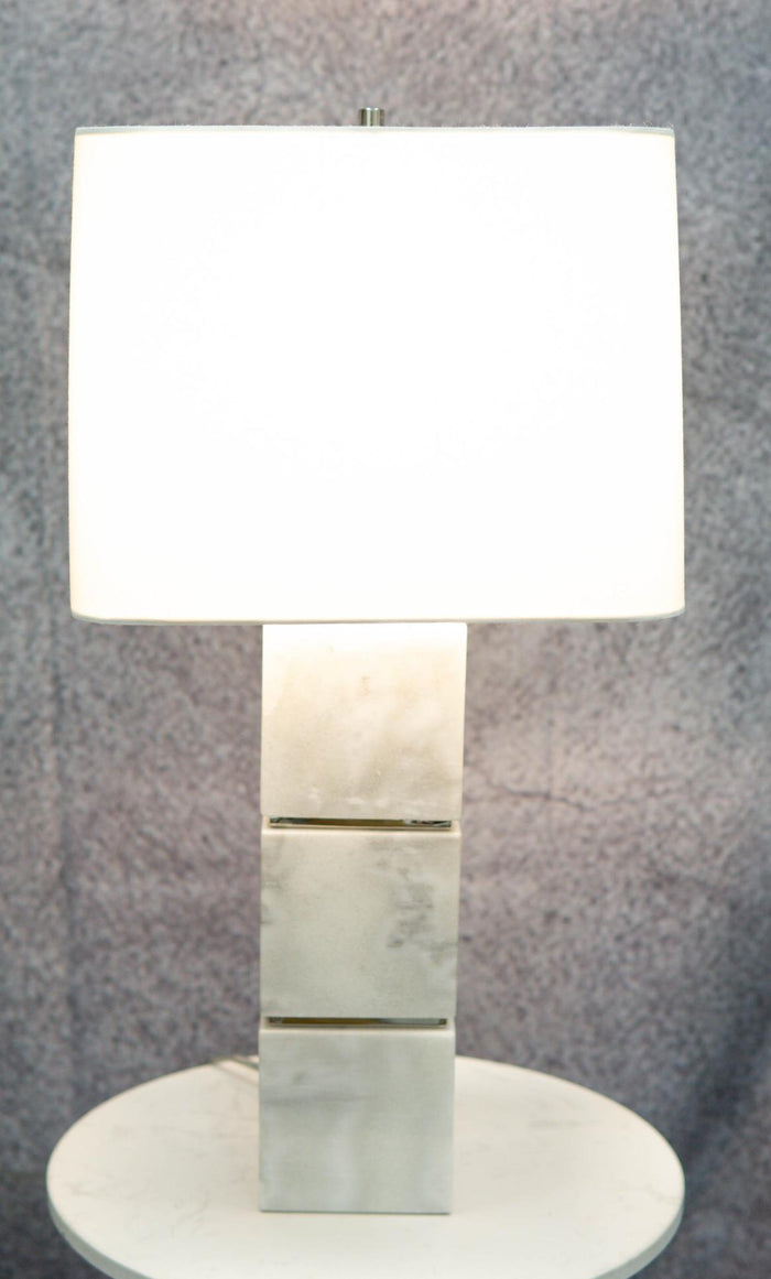 ebros gift 27"H Contemporary Elegant 3 White Marble Cubes Gold Trim Table Lamp Fabric Shade
