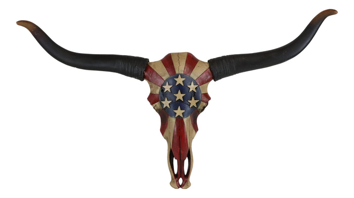 Ebros Gift 28"W Western Patriotic Bull Cow Longhorn Skull With USA Stars Stripes Wall Decor