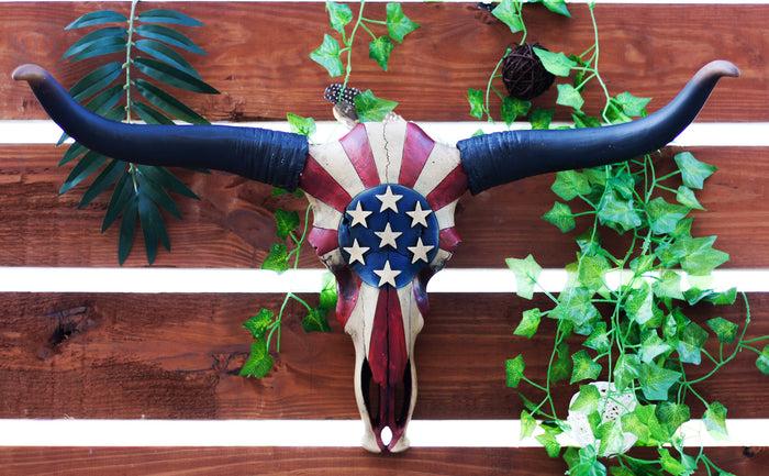 ebros gift 28"W Western Patriotic Bull Cow Longhorn Skull With USA Stars Stripes Wall Decor