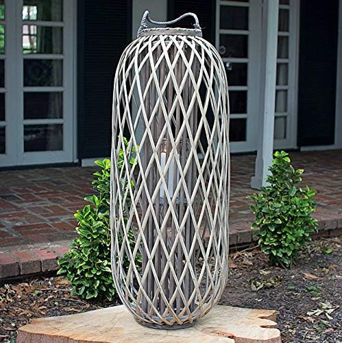 ebros gift 32"H Rustic Western Farmhouse Rattan Wood Willow Candle Lantern Candleholder