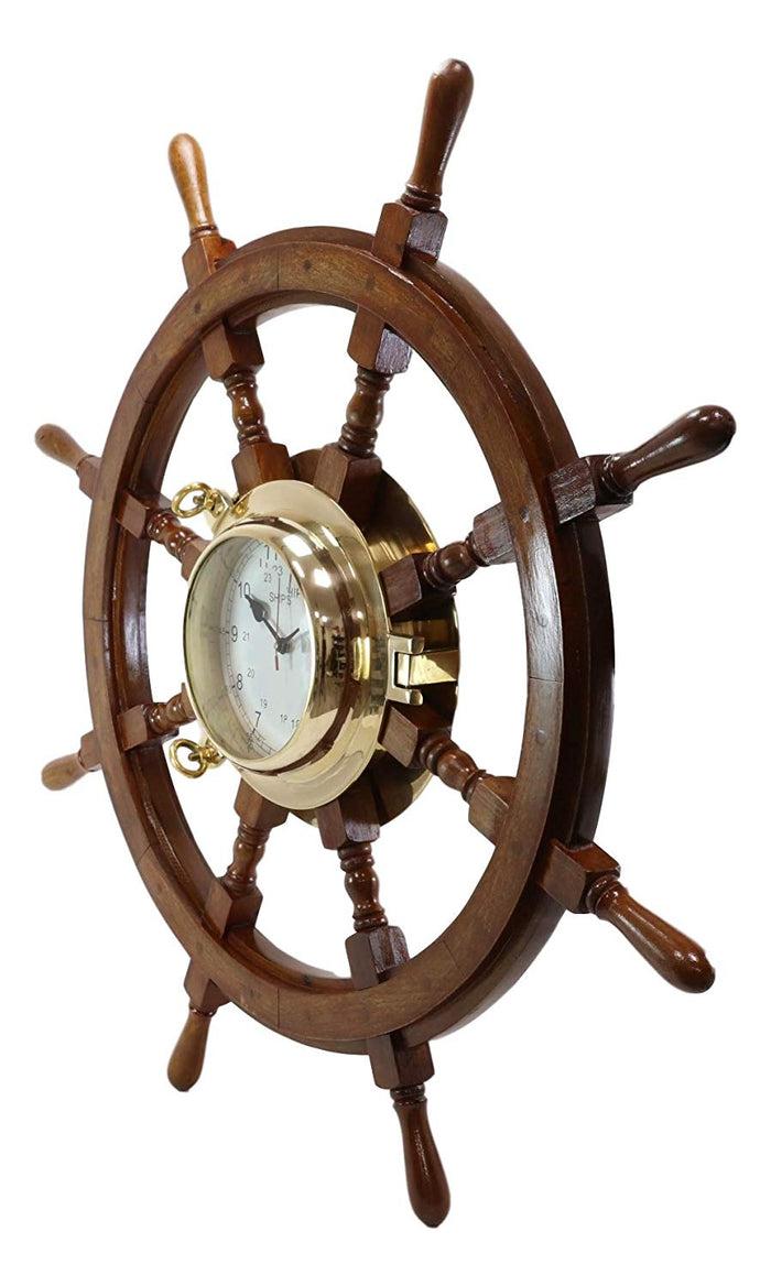 Ebros Gift 33.25"W Nautical Rustic Wood And Brass Ship Steering Helm Wheel Wall Clock Decor