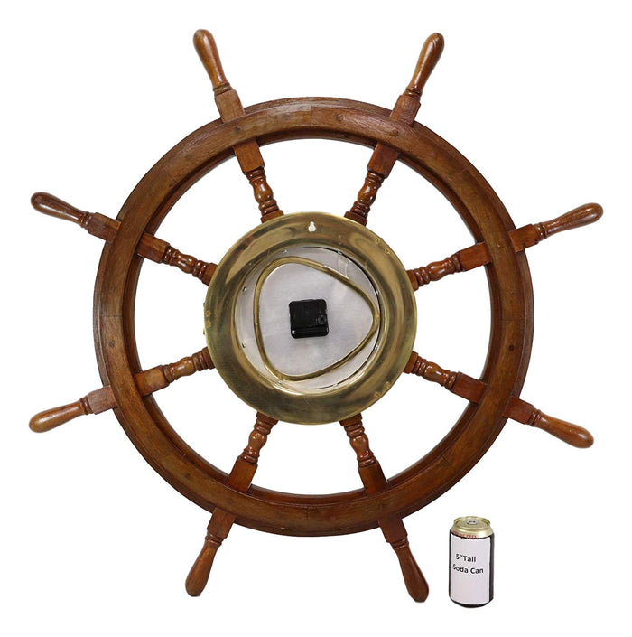 Ebros Gift 33.25"W Nautical Rustic Wood And Brass Ship Steering Helm Wheel Wall Clock Decor