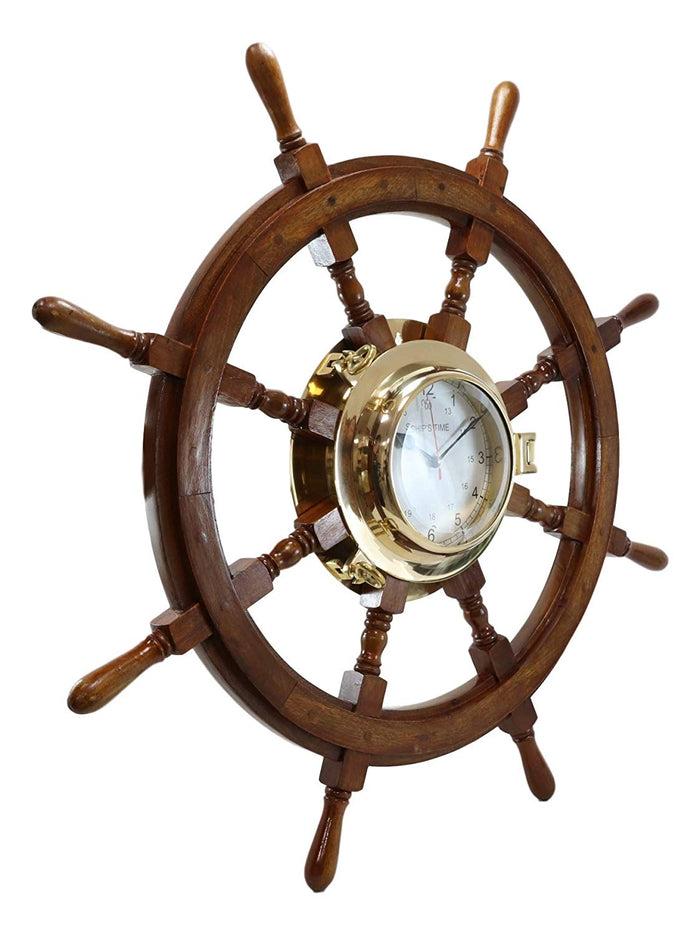 Ebros Gift 33.25"W Nautical Rustic Wood And Brass Ship Steering Helm Wheel Wall Clock Decor